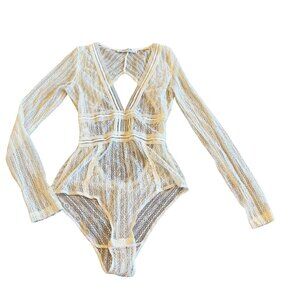Allyson Collection Cream Lace Bodysuit Long Sleeve Cutout Open Back Size Small